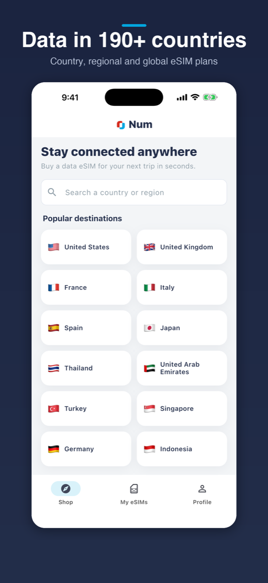 Num app Shop screen showing eSIM data plans for popular destinations including Japan, France and the United States