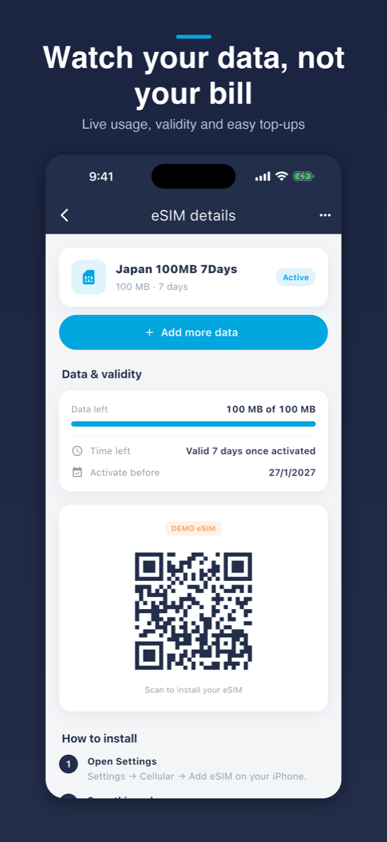 Live eSIM data usage, validity and top-up screen in the Num app