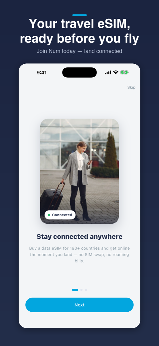 Num app onboarding — a traveler staying connected with an eSIM